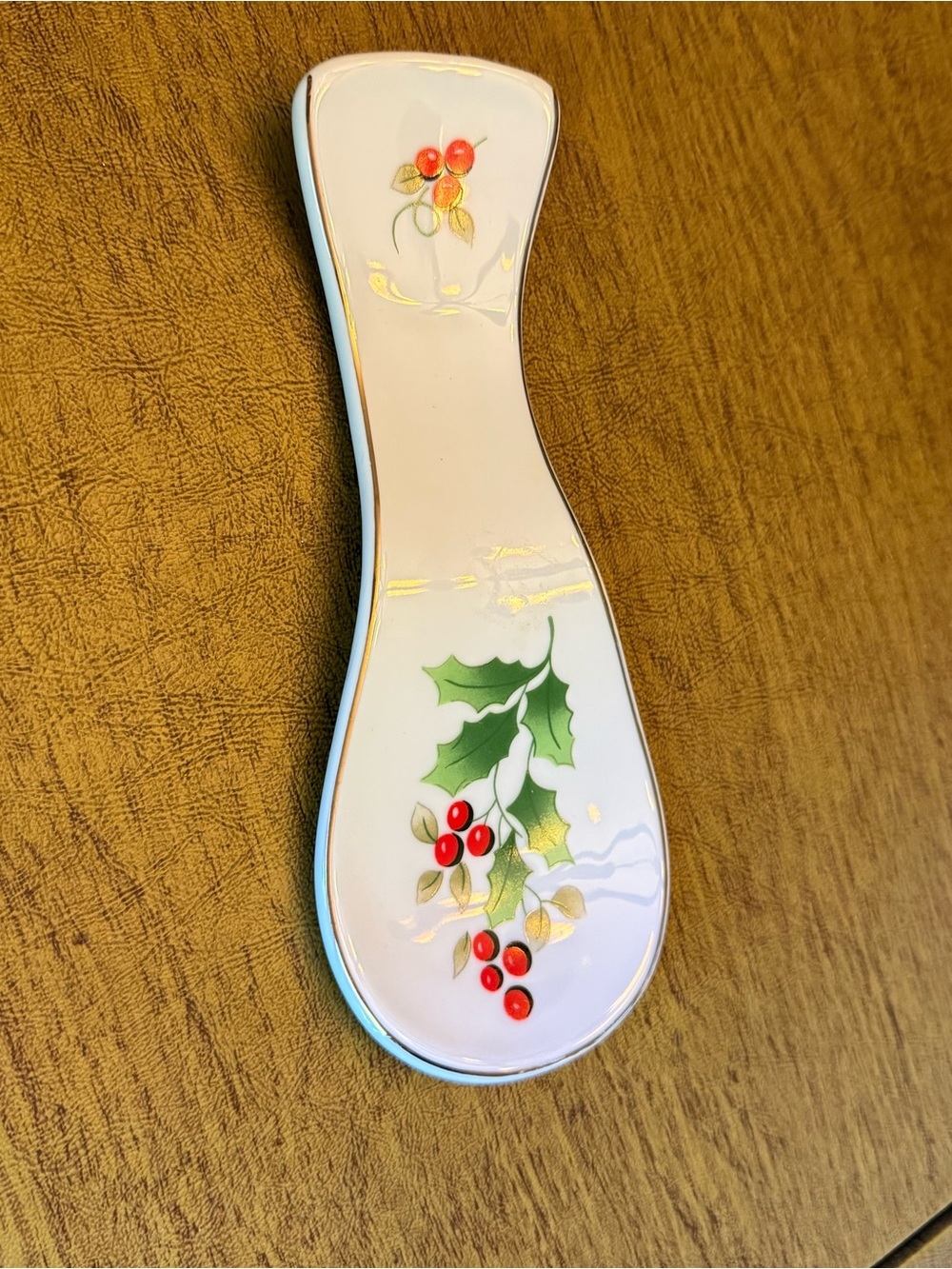 Vintage Royal Norfolk Christmas Holly & Berries Porcelain Spoon Rest Gold Trim